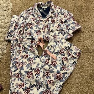 Women's Floral Pajama Set - Pink and Blue (XS) Flannel.